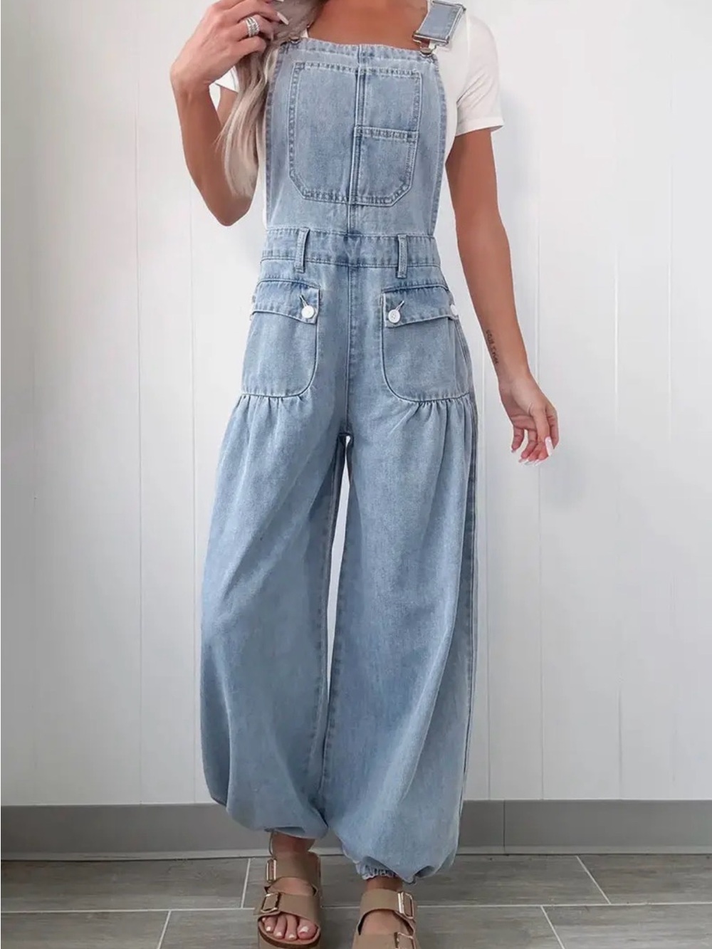 Light Blue Denim Wide-Leg Overall Jumpsuit